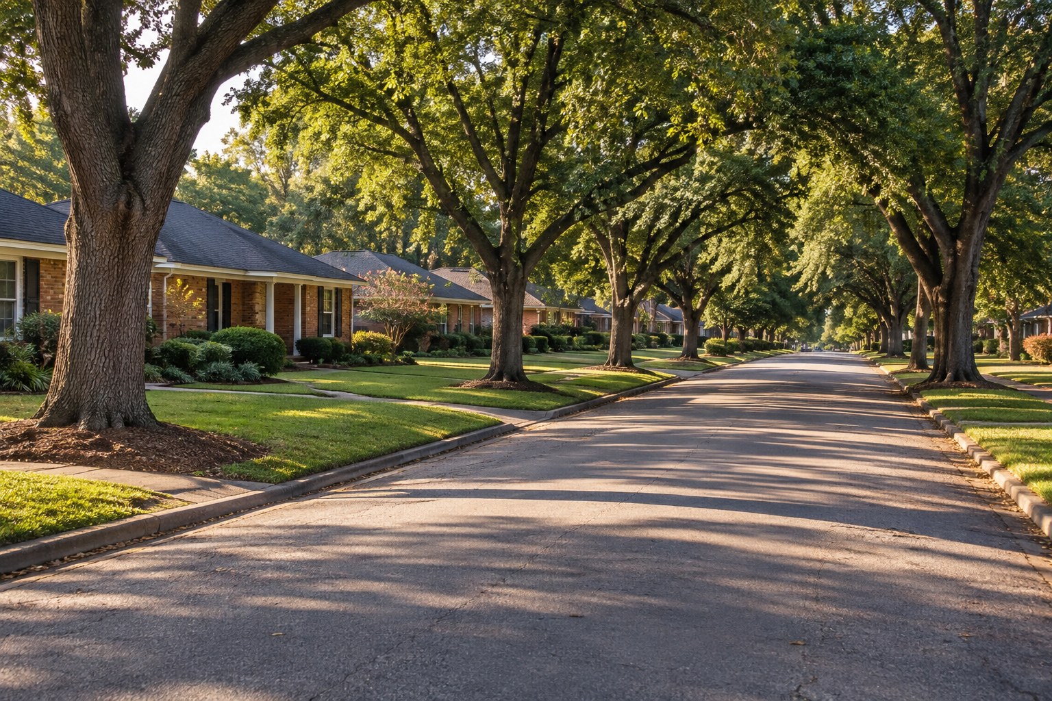 A quiet tree-lined residential street in central Alabama, illustrative