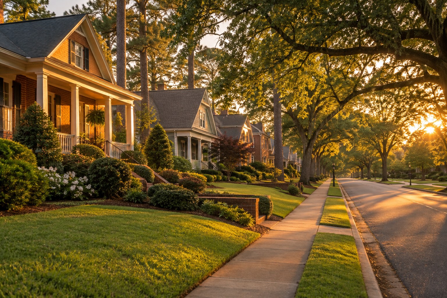 A tree-lined residential street in Prattville, Alabama at golden hour, illustrative