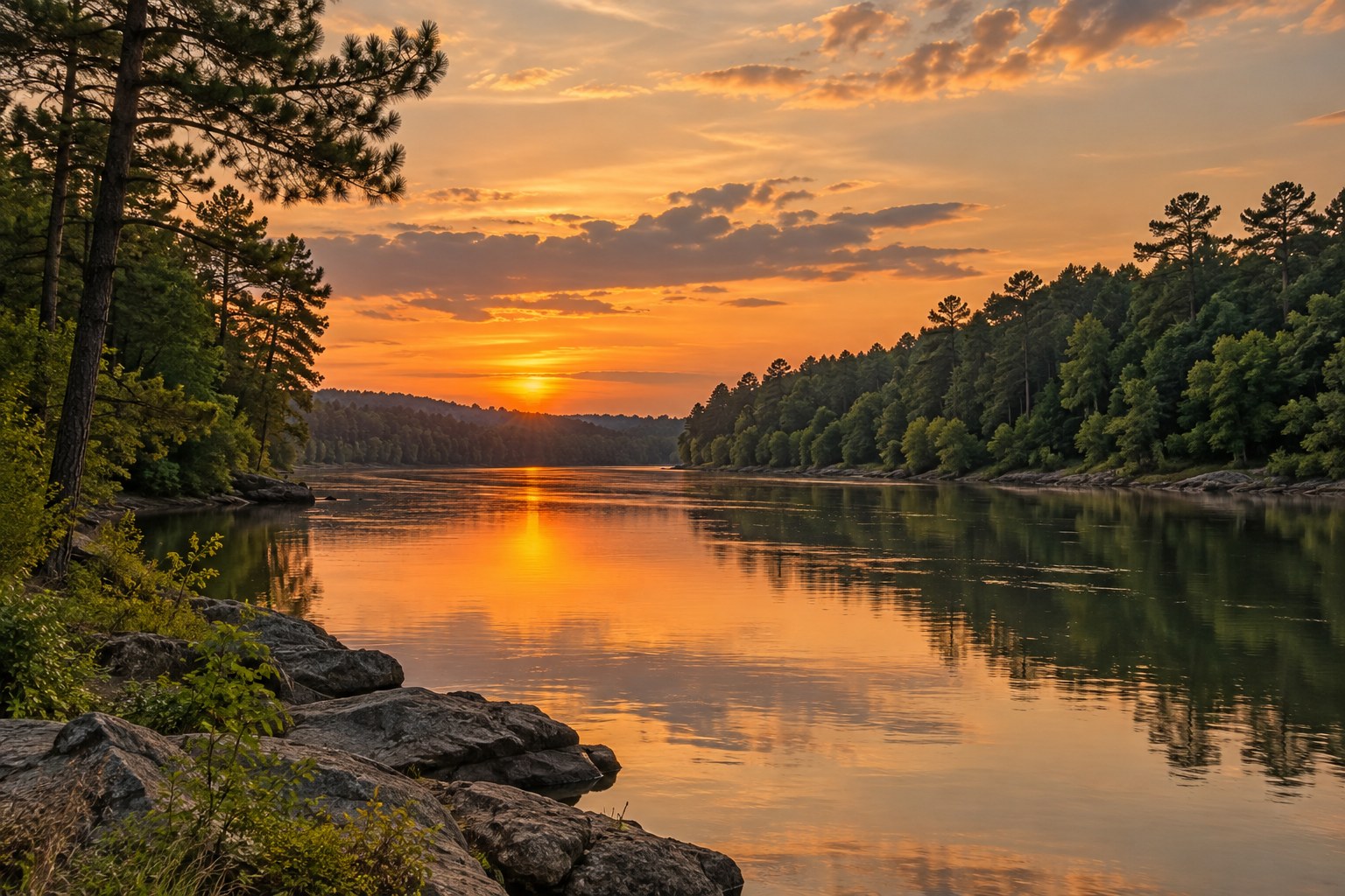The Coosa River at sunset near Wetumpka, Alabama, illustrative