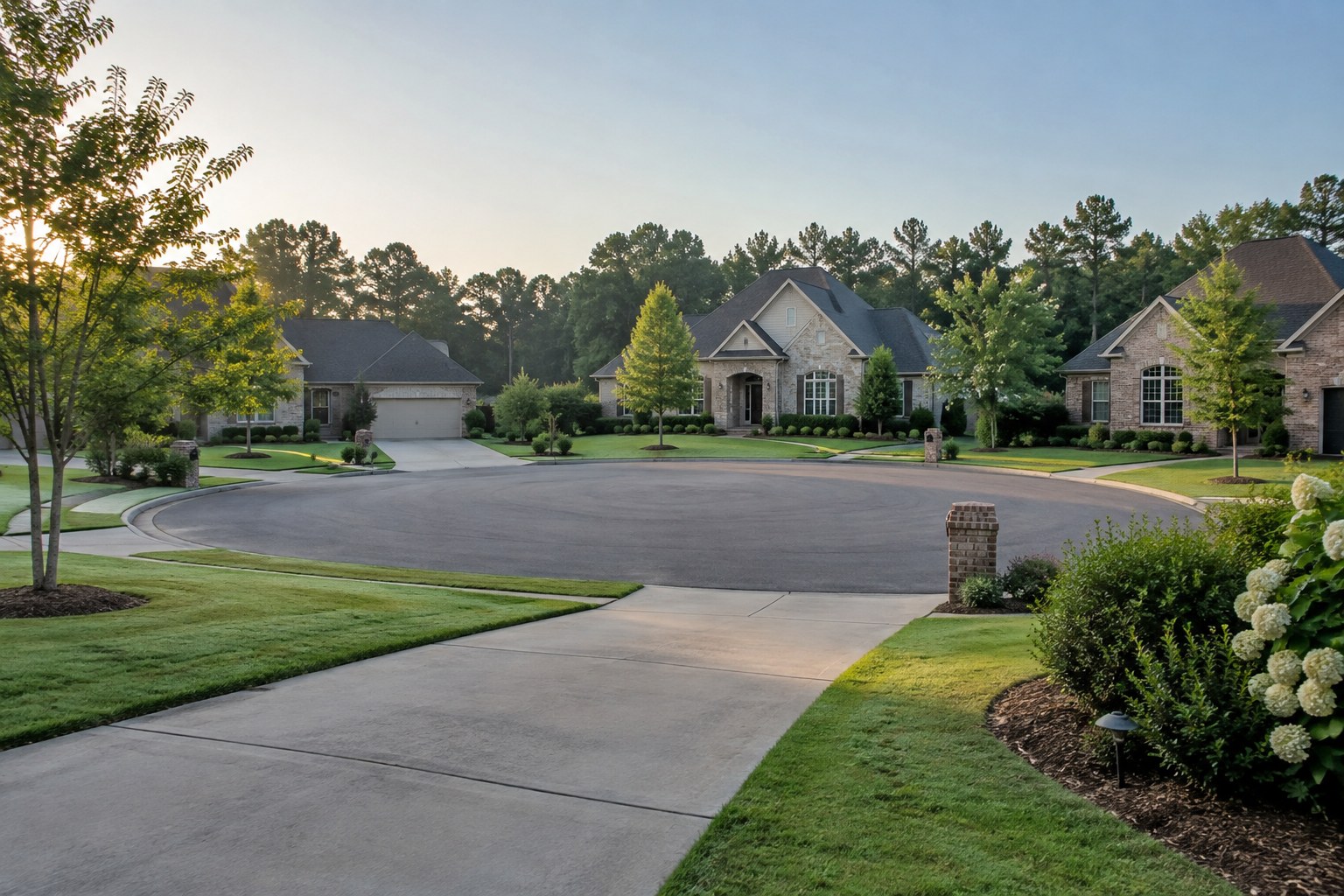 A peaceful suburban street in central Alabama in soft morning light, illustrative