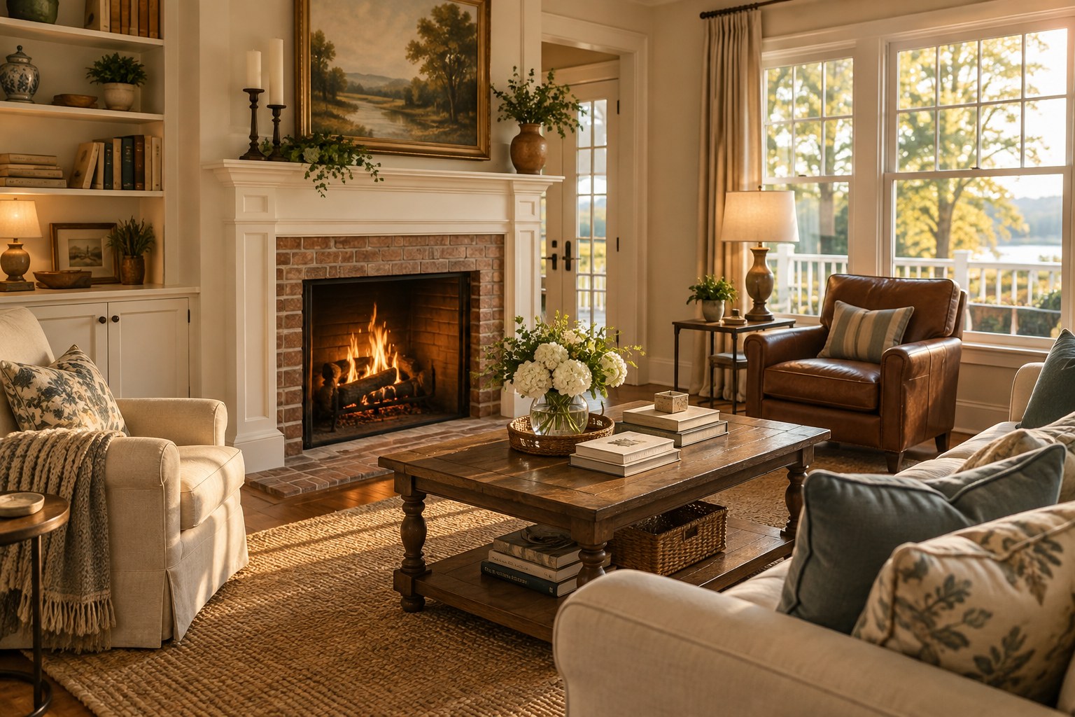 A cozy Southern living room interior with fireplace, illustrative